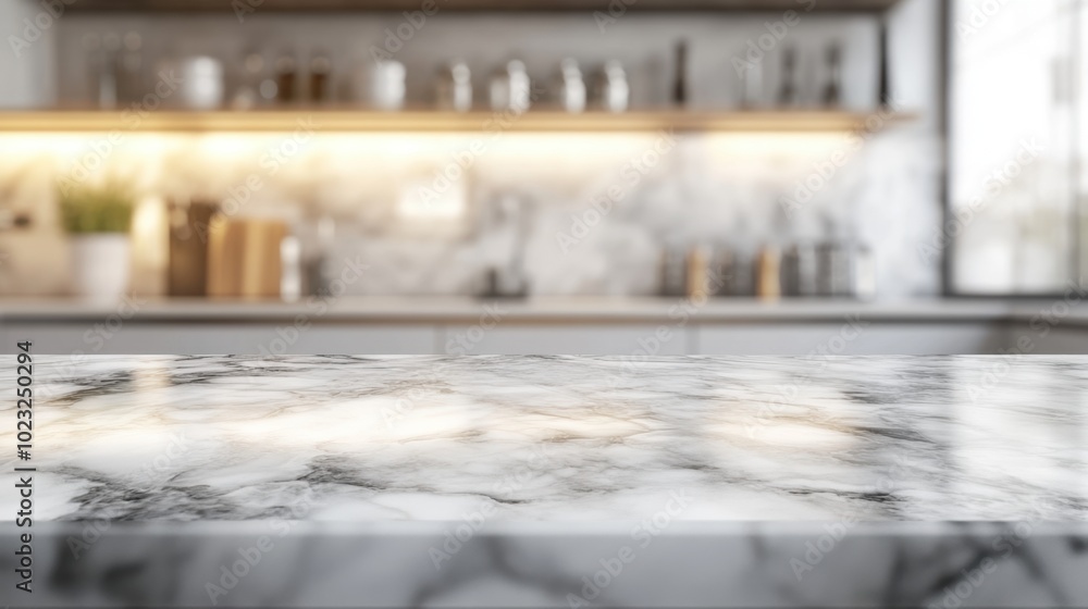 Poster marble tabletop with blurred kitchen background, featuring soft lighting and bokeh for an ideal prod