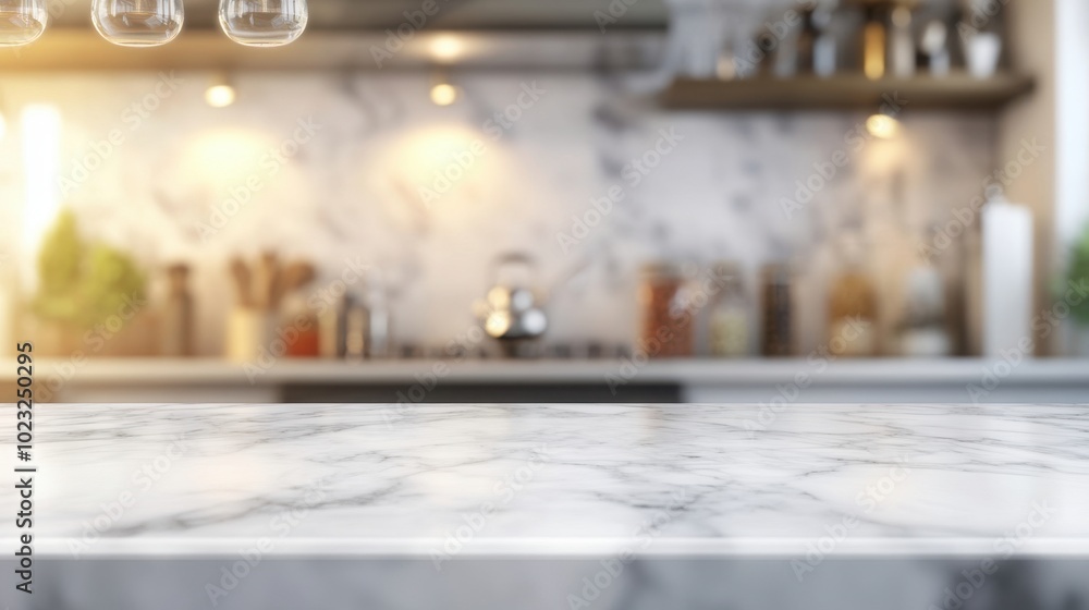 Poster marble tabletop with blurred kitchen background, featuring soft lighting and bokeh for an ideal prod