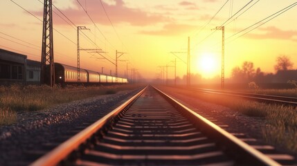 Fototapeta premium Train Tracks at Sunset with Passing Train