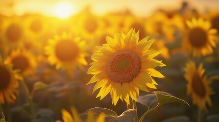 Obraz premium Sunflower Field at Sunset with Golden Light