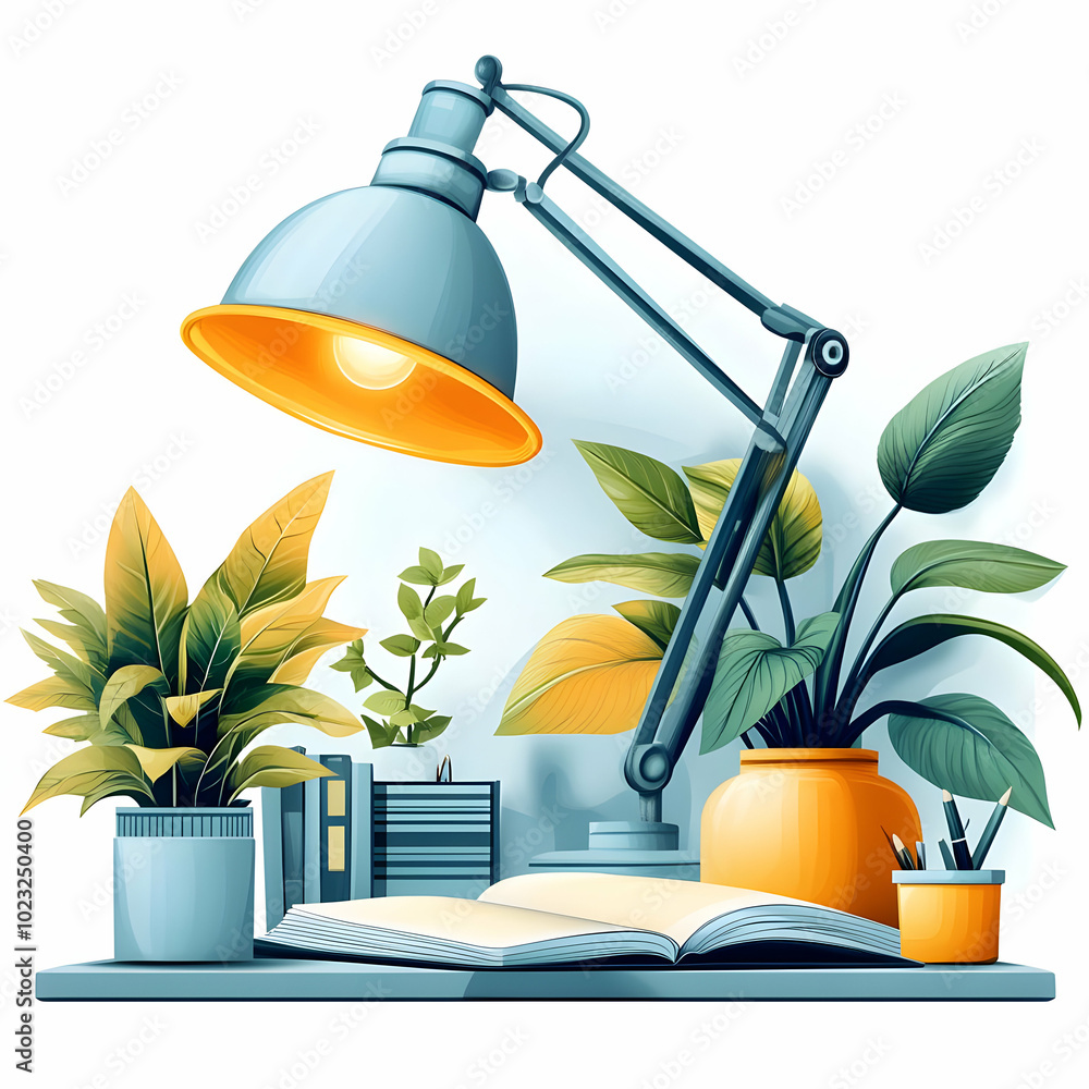 Poster stylish desk lamp and open notebook isolated on white background - clean workspace concept for photo