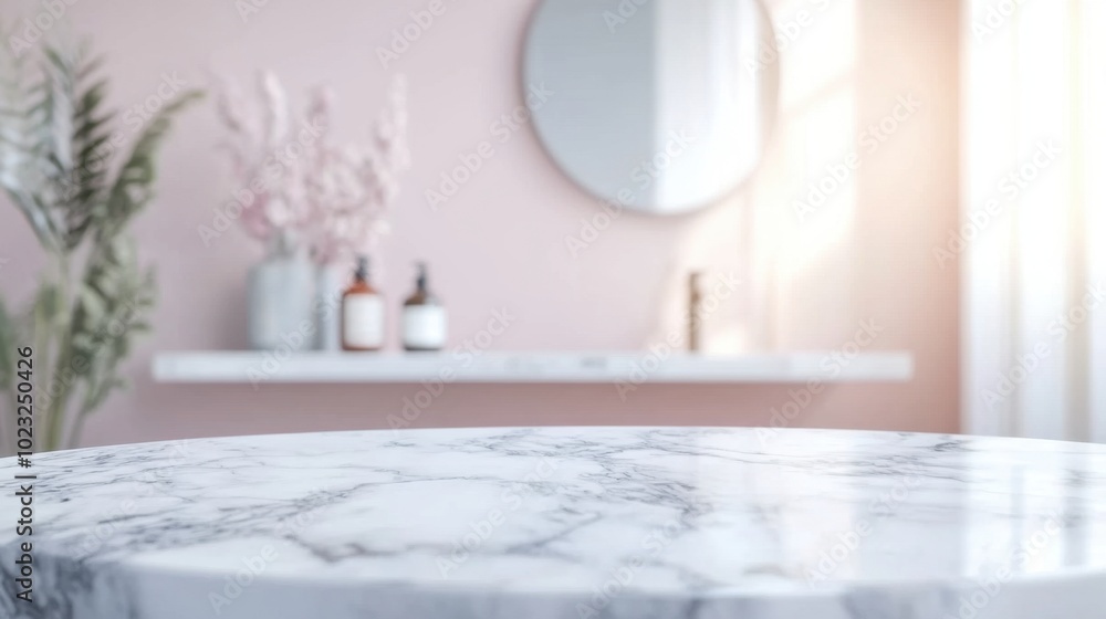 Poster marble top table against a soft blurred bathroom background, creating a clean setting for product sh