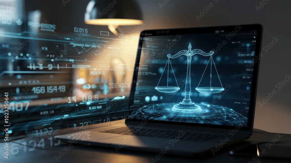 Poster digital scales on laptop screen with data analysis visuals and workspace ambiance.