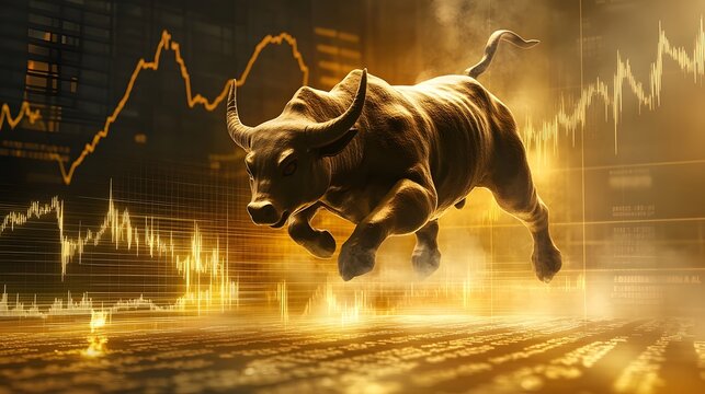 Bull charging towards a strong financial graph with rising stock values