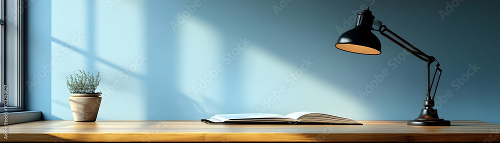 Poster stylish desk lamp and open notebook isolated on white background: perfect vector image for clean & o