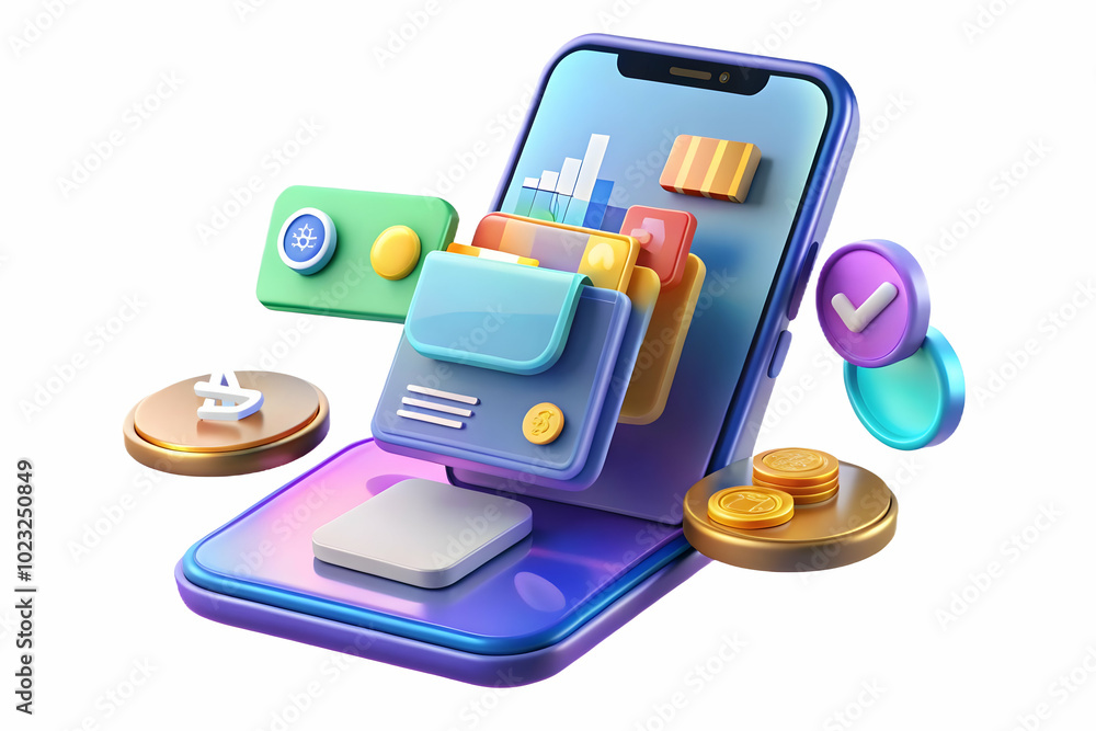Poster glossy smartphone with floating holographic coins and calculator display: minimalistic financial con