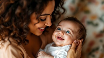 Happy mother holding smiling baby, close-up bonding moment, joyful motherhood, Mother's Day celebration
