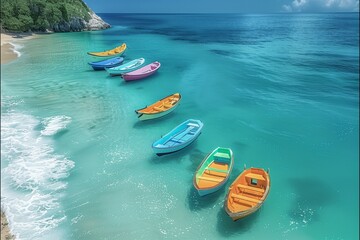 Colorful boats are lined up on the clean beach