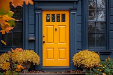 The yellow front door looks strikingly beautiful