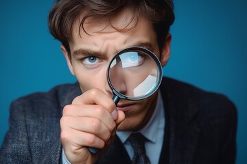 serious young detective holds a magnifying glass in his right eye