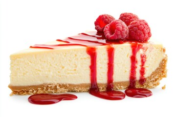 Delicious raspberry cheesecake slice with syrup on white background