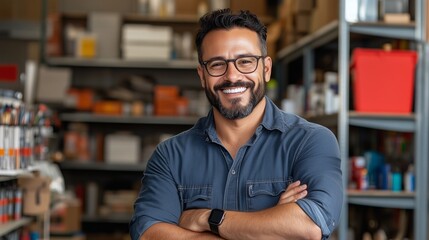 Fototapeta premium hardware store owner. Portrait of a salesman with crossed arms on the background of a shop. Accessories and tools for small repairs. small business, shop. poster, banner, copy space