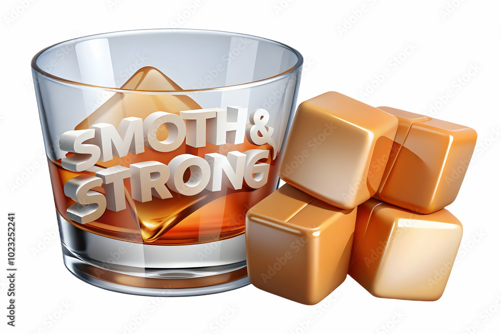 Poster flat floating whiskey glass with ice cubes creating bold wave pattern - smooth & strong text concept