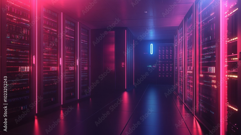 Poster networking room with digital infrastructure and towers, illustrating the robustness of web services 