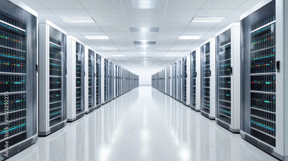 Poster networking room with digital infrastructure and towers, illustrating the robustness of web services 