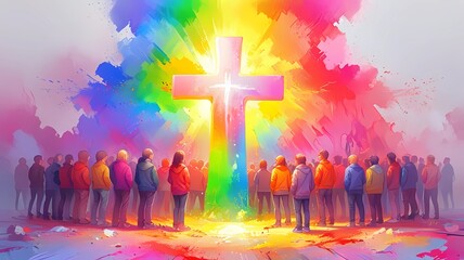 Christian church with group of people. Silhouette Christian people at the cross.