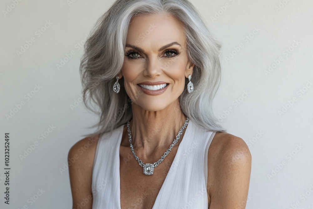 Wall mural portrait of beautiful mature woman smiling and looking at camera against white background