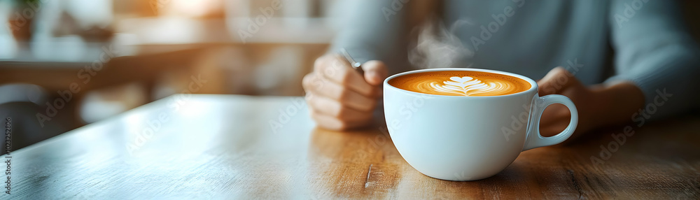 Poster person enjoying coffee at a glossy desk: capturing a relaxed remote work environment in a profession