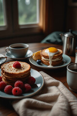 Cozy breakfast scene with coffee and bread.