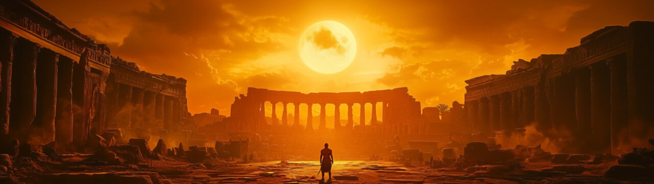A lone gladiator stands in a grand arena at sunset, surrounded by ancient architecture and a golden sky.