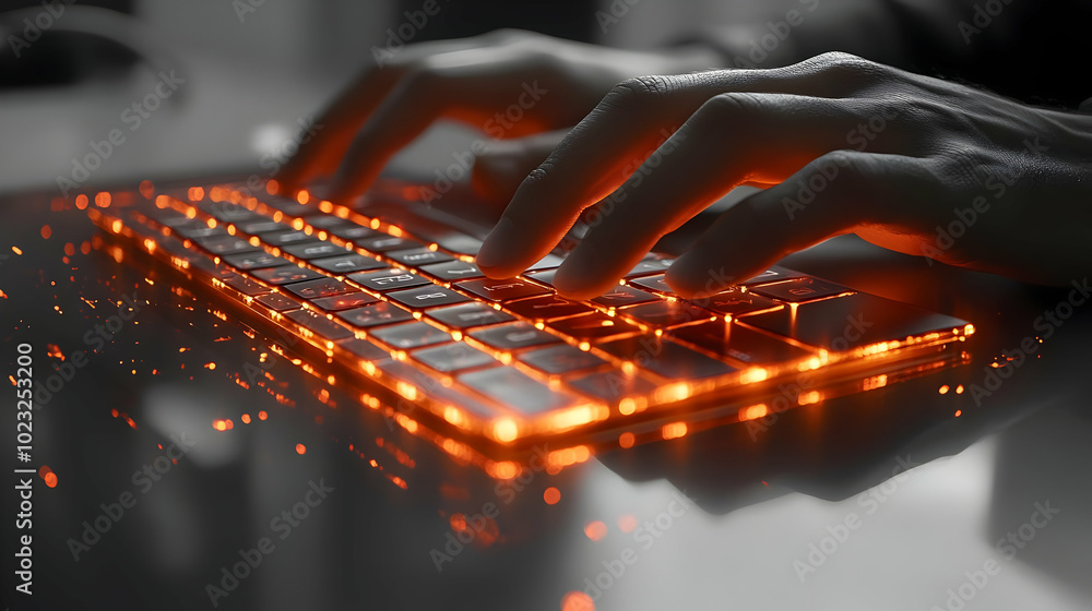 Poster 3d icon of hands typing on keyboard with glossy reflection - enhance productivity in a modern home o
