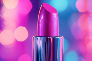 Vibrant purple lipstick on colorful bokeh background