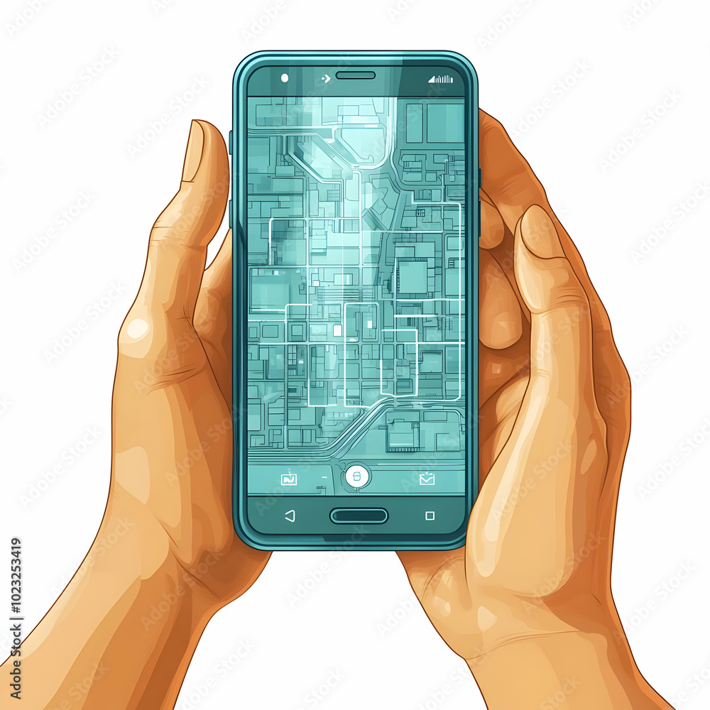 Poster hands holding smartphone with glossy interface: capturing mobile technology & connectivity in remote