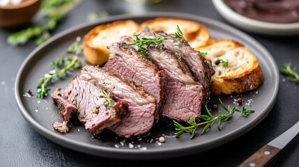 Sliced smoked brisket served on a plate with toasted bread, BBQ style presentation, appetizing and savory