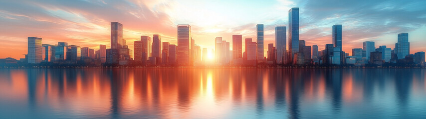 Fototapeta premium A vibrant city skyline with the sun setting behind tall buildings, reflecting its warm glow onto the water below.