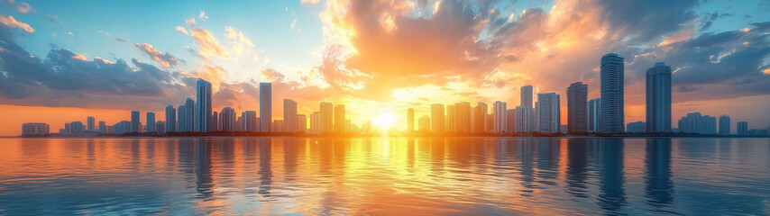 Fototapeta premium A vibrant city skyline with the sun setting behind tall buildings, reflecting its warm glow onto the water below.