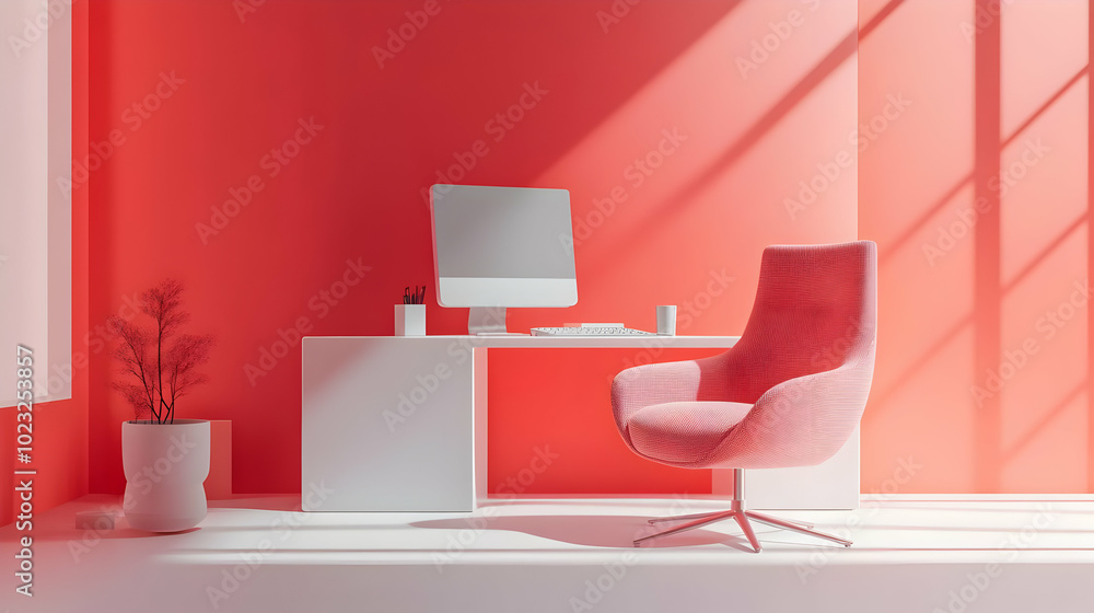 Poster 3d icon abstract digital art background with glowing home office setup - innovative workspace concep