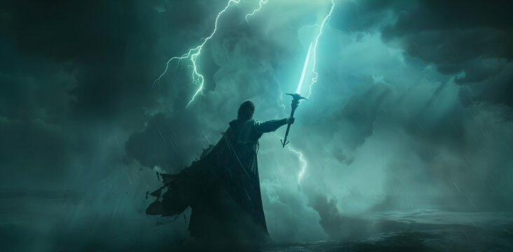 Warrior with lightning sword standing on top of water raining and clouds in the background