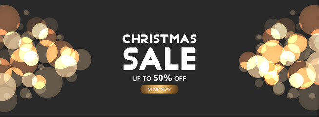 Christmas sale banner with bokeh effect. Modern golden luxury christmas sale background design. Christmas sale typography illustration on black background. Christmas sale banner design template
