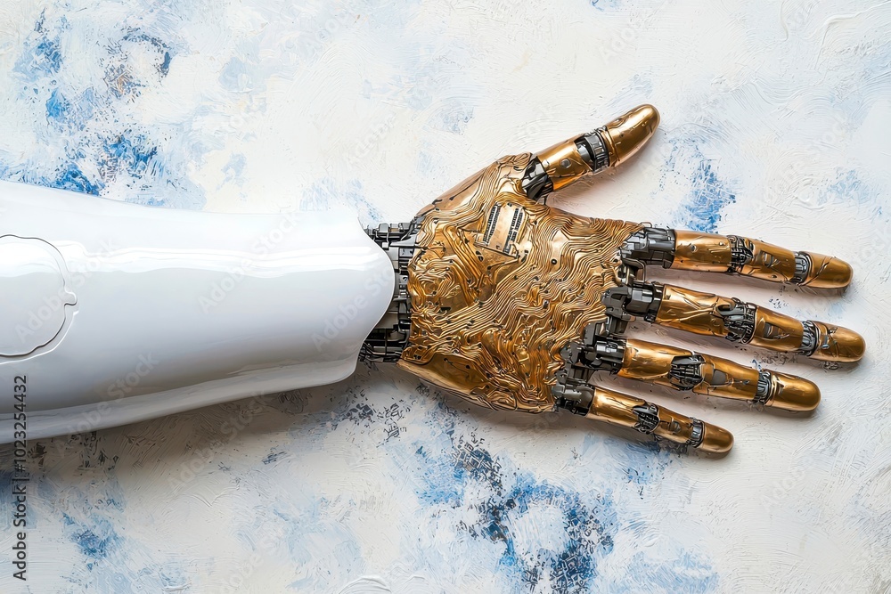 Poster futuristic robotic hand on textured surface, showcasing advanced design and engineering.