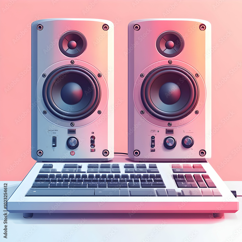 Poster modern desktop speaker and notebook isolated on white background - creative tech inspired home offic