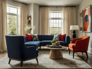 Fototapeta premium Elegant Living Room with Blue Sectional Sofa and Bold Accent Chairs
