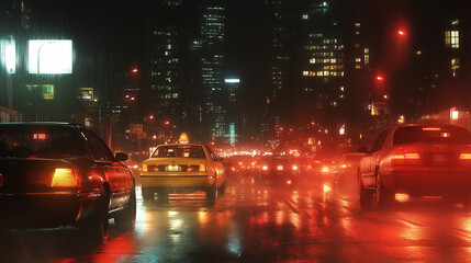 A busy city street at night, illuminated by car headlights and streetlights