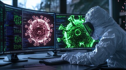 Scientist in protective suit analyzing virus data on multiple screens in a research lab environment.