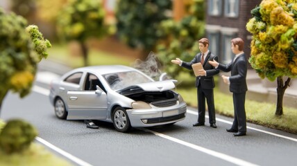 Two businessmen discussing a car accident, with a damaged vehicle on a miniature road, surrounded by greenery.