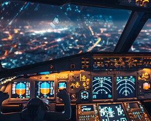 Illuminated Airplane Cockpit with Cityscape View Below at Night