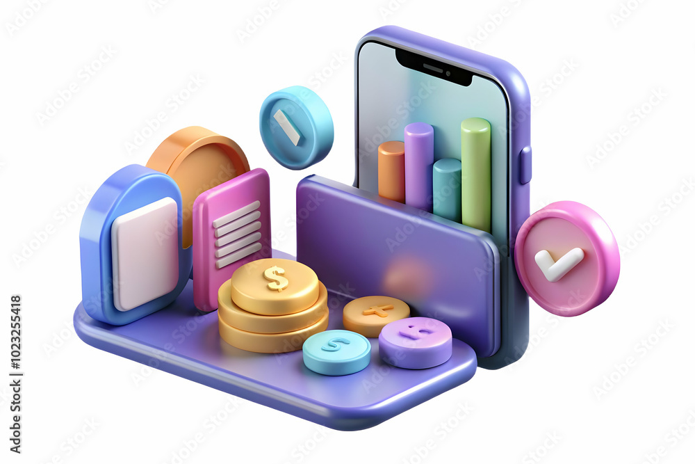 Poster glossy smartphone with floating holographic coins and calculator display - minimalistic financial co