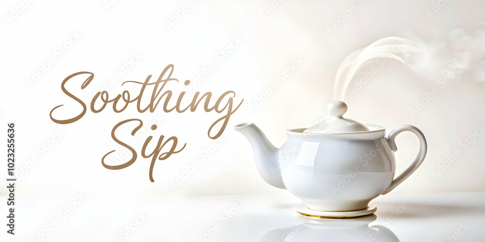 Poster flat vector design of soothing sip: floating teapot with steam creating a graceful wave, isolated on
