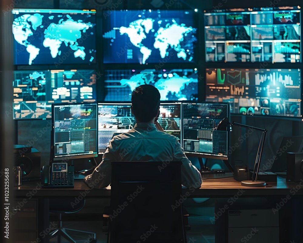 Poster cyber security analyst monitoring data breaches and fraud detections on multiple screens in dark con