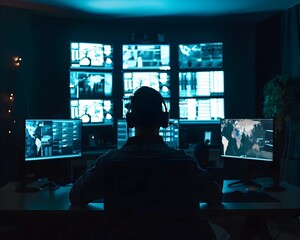 Cybersecurity Analyst Monitoring Multiple Screens for Data Breaches and Fraud in Dark Room