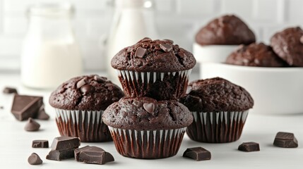 Delectable chocolate chip muffins on white background