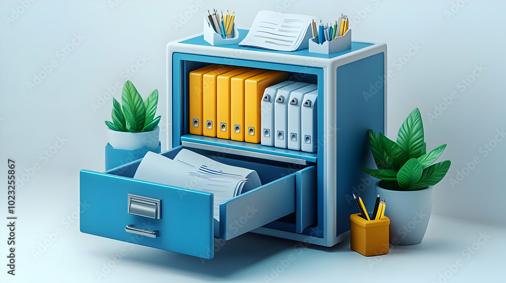 Poster 3d vector icon of a filing cabinet with document isolated on white background - perfect for home off