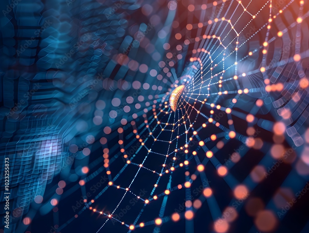 Poster digital spiderweb trapping fraudulent bug in cybersecurity concept