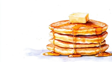 Watercolor stack of holiday pancakes with syrup and melting butter, isolated on white Ideal for cheerful, festive content