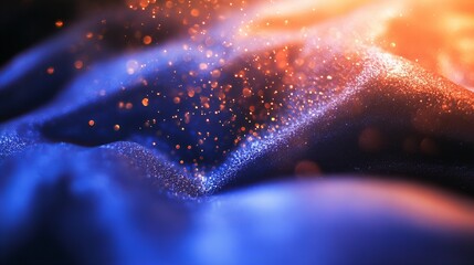 Abstract background with blue and orange tones and glowing particles.