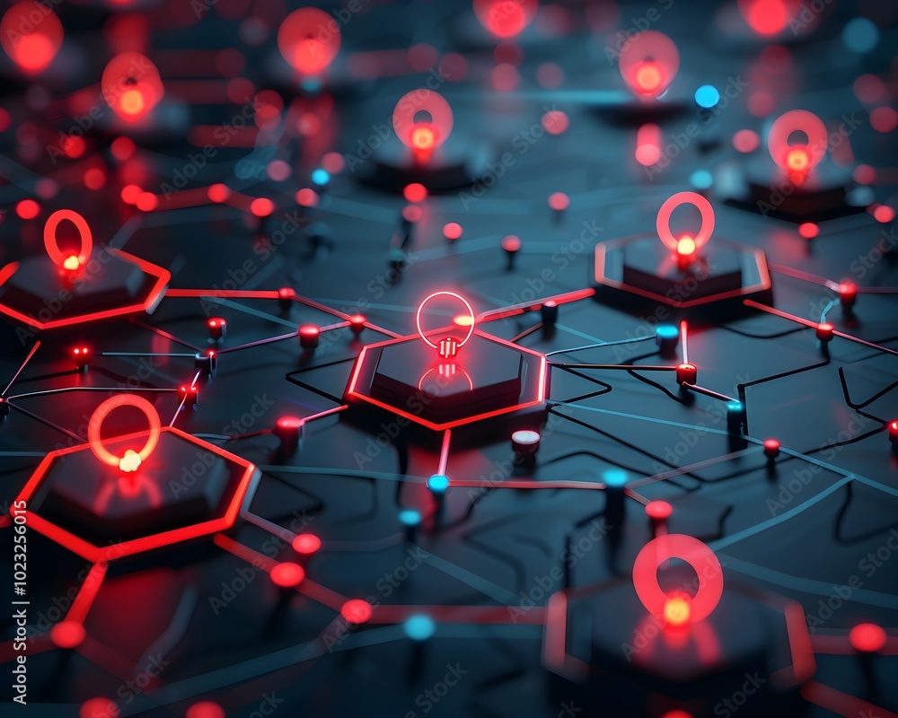 Aufkleber glowing red node signaling security breach in interconnected digital system
